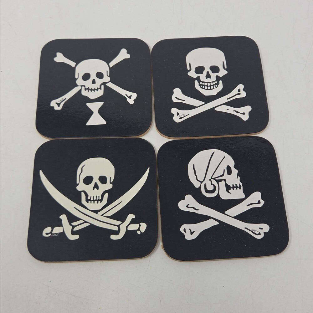 Pirate Flag Coasters Skull and Crossbones Cork Backed Set 4x4” 2004